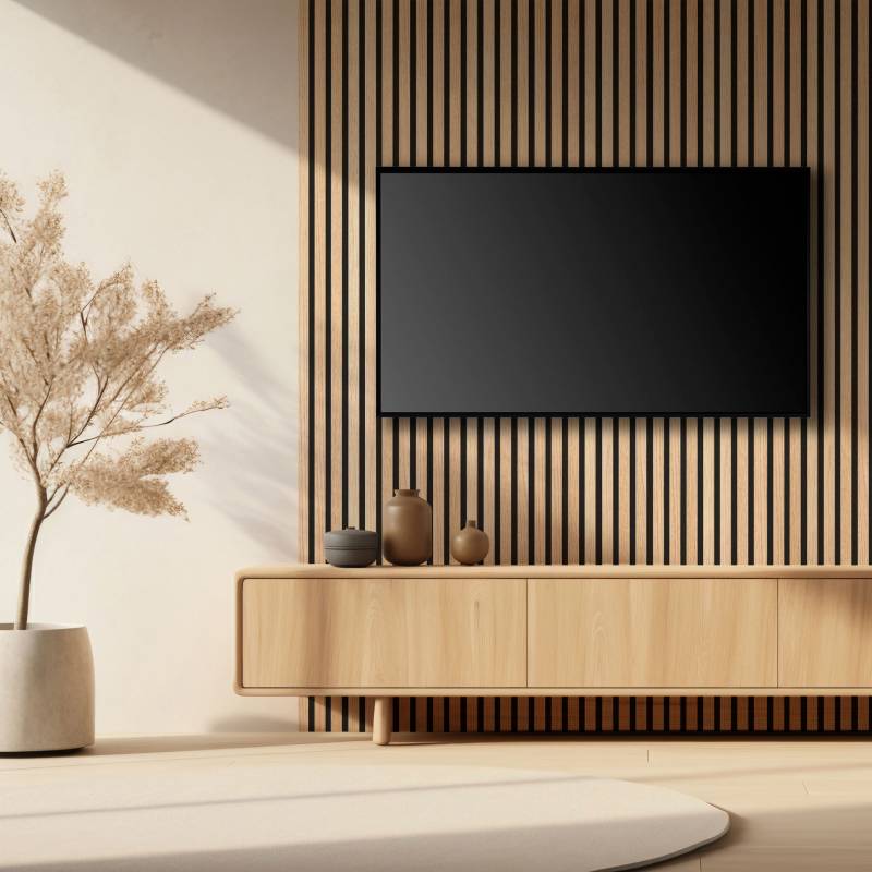 Mur TV Panneaux tasseaux bois 250 cm