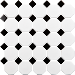 MAT INTER - Feuille 290x290x6mm - Porcelaine hexagone blanc 55mm - Cabochon noir 30mm