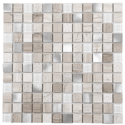 MAT INTER - Feuille 305x305 - Tesselle 23x23x4mm - Mix alu / verre / marbre poli / grave gris / wooden