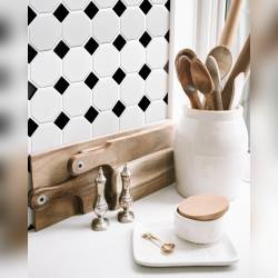 MAT INTER - Feuille 290x290x6mm - Porcelaine hexagone blanc 55mm - Cabochon noir 30mm